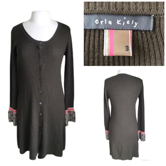 Orla Kiely Sweaters - Orla Kiely Long Wool Brown Cardigan Patterned Cuff